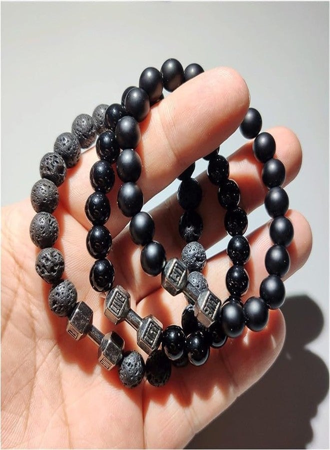 POYAMUSE Dumbbell Charm Beaded Bracelet - Lava Rock Stones Beads Strand Bracelet - Go to Gym Decoration Jewelry (1pcs light black) - Image 2